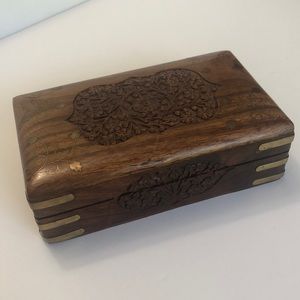 Vintage Wood Carved Boho Trinket Jewelry Box With Brass Inlay